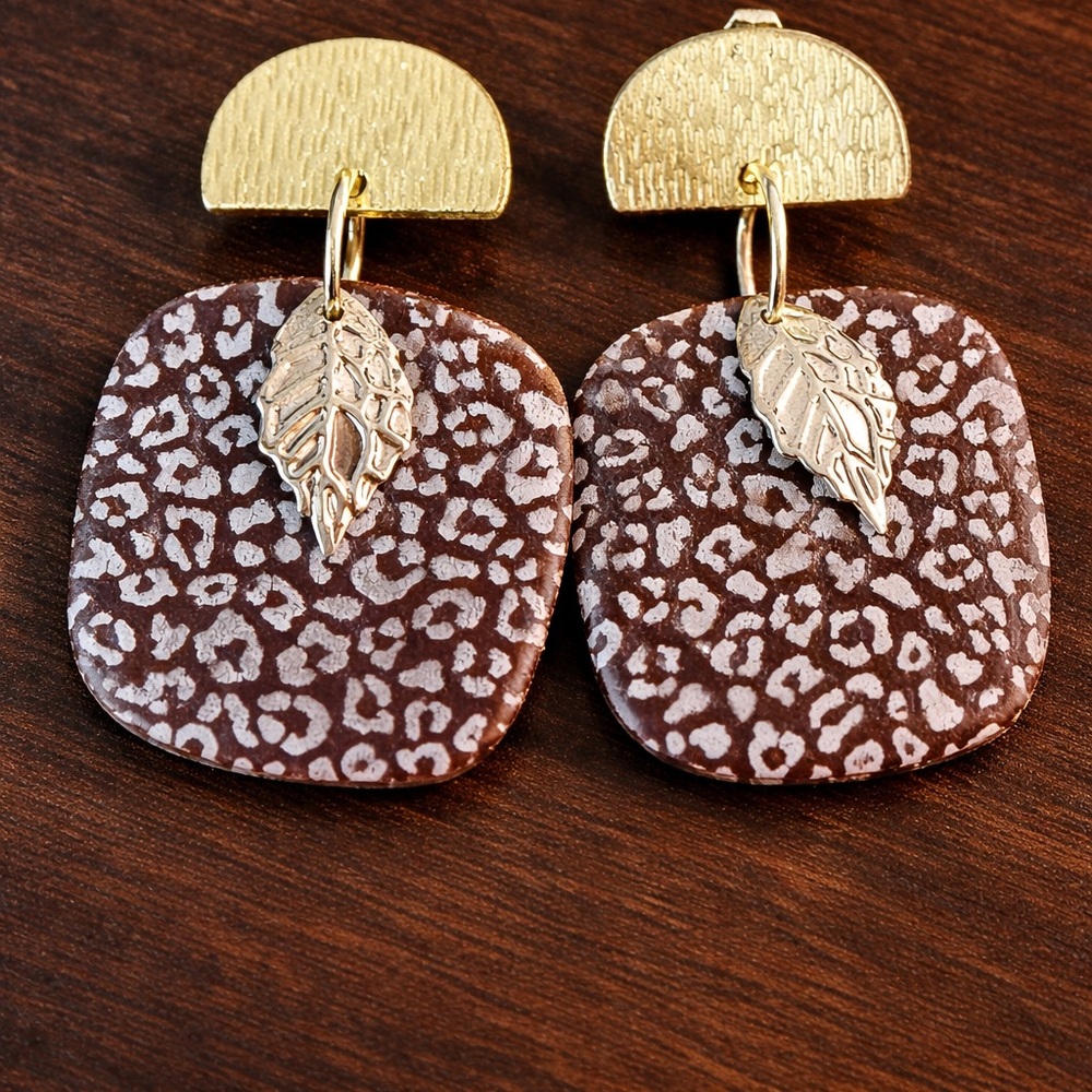 Artisan Gold and Brown Leopard Leaf Drop Earrings